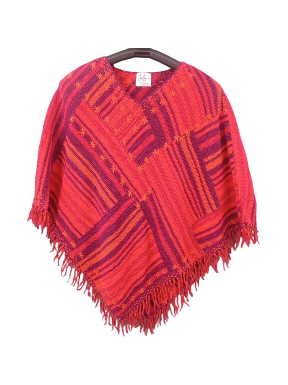 Vintage Jane Seymor Womens Poncho Size OS Fringe Patchwork Knit Red Purple V Nec - Picture 4 of 7